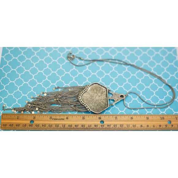 30 inch, Vintage Silver Tone Floral Symbolic Multi Chains Tassel Necklace - R36 - Picture 3 of 3